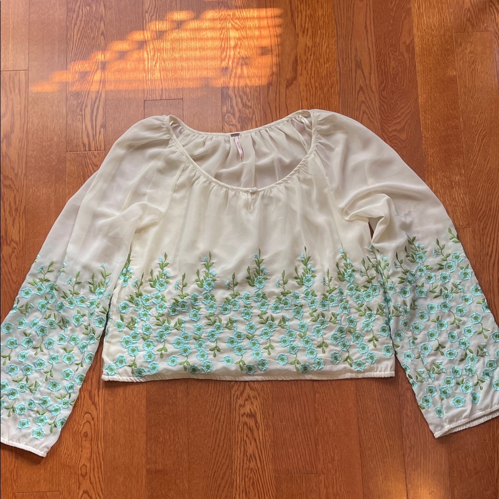 Free People Embroidered Forget Me Not Sheer Long Sleeve Blouse size M Boho Indie